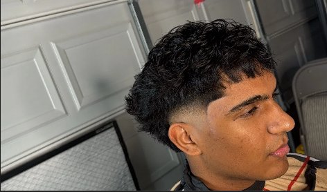 Curly fringe with mid fade
